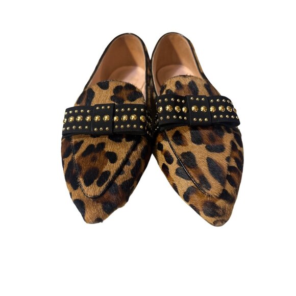 J.Crew Leopard Print Pony Hair Pointed Toe Flats With Studded Bow Size 7.5 - Picture 2 of 7